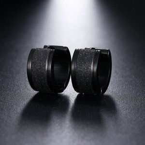 Mens Black Frosted Sandblast Stainless Steel Hoop Earrings 13mm Party Gift